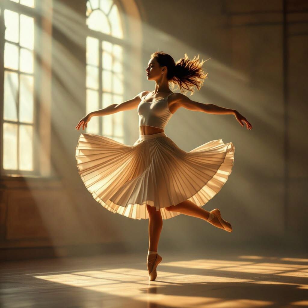 Dancer Mid-Leap in Sunlit Studio with Volumetric Light