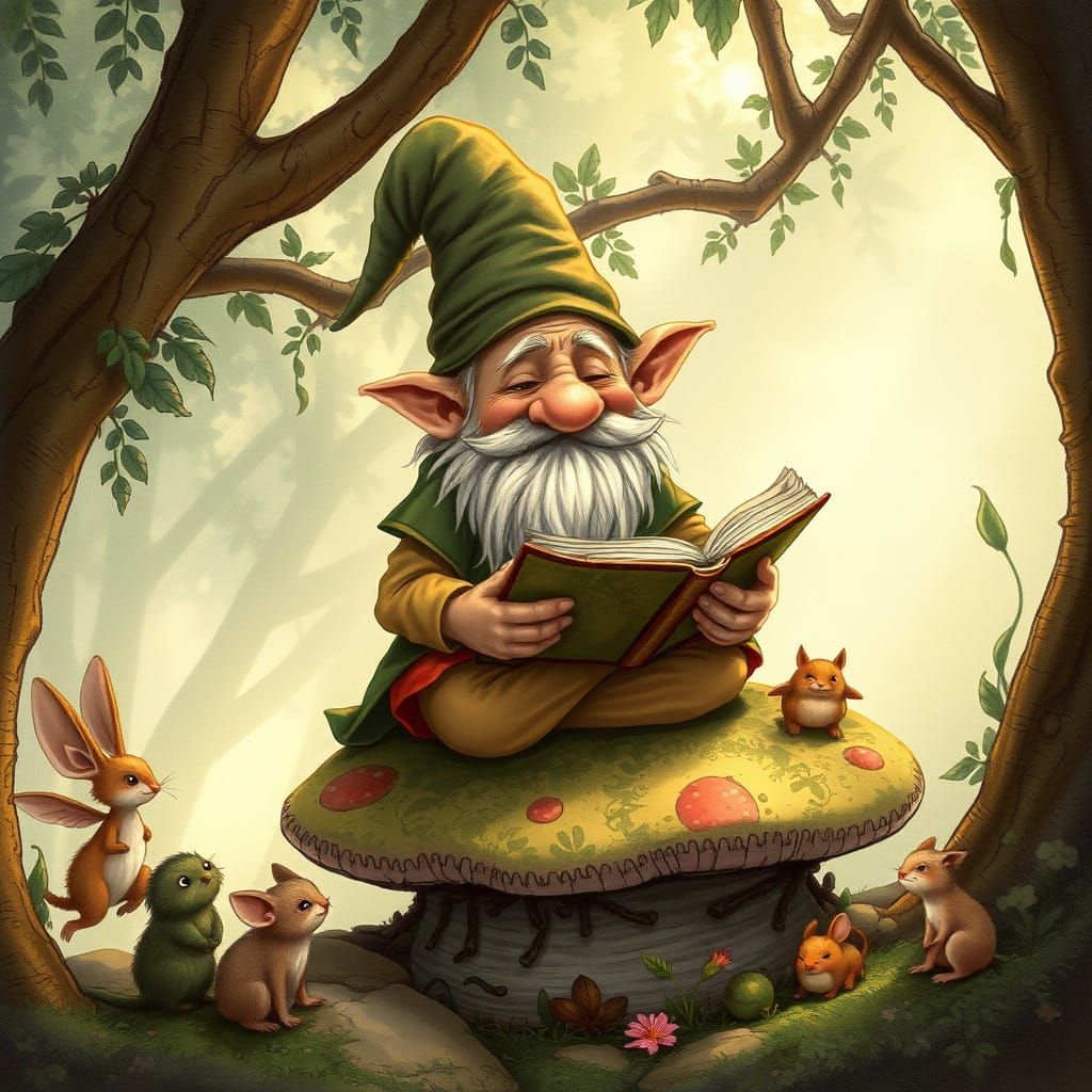 Gnome Reading in Forest, Fairytale Illustration