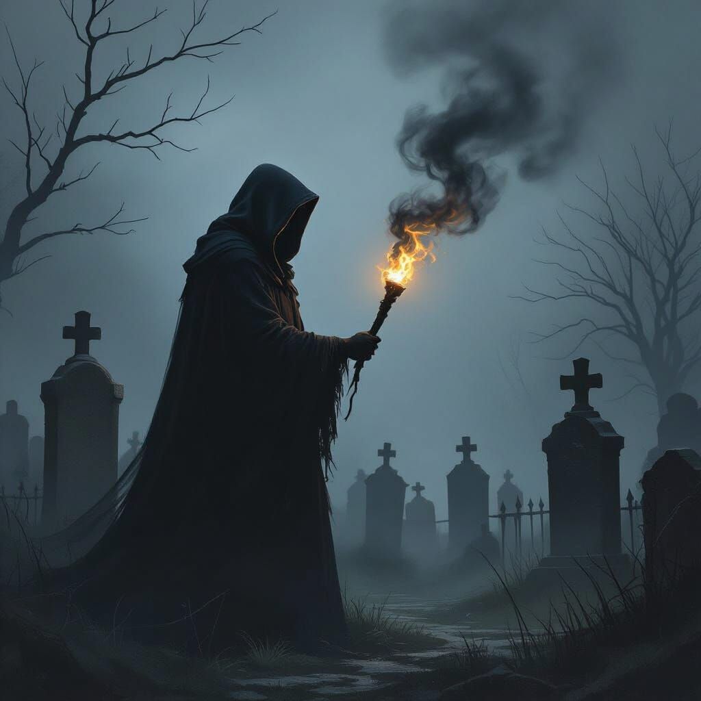 Hooded Figure in Misty Graveyard with Torch and Smoke