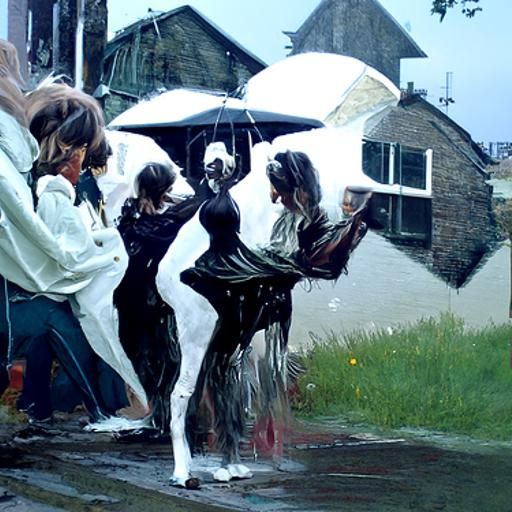 Women Dancing in Rain as Oil Painting
