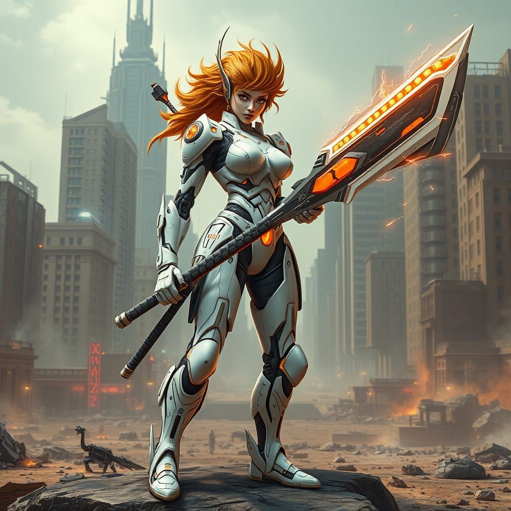 Cyborg Warrior Stands Guard in Post-Apocalyptic Cityscape