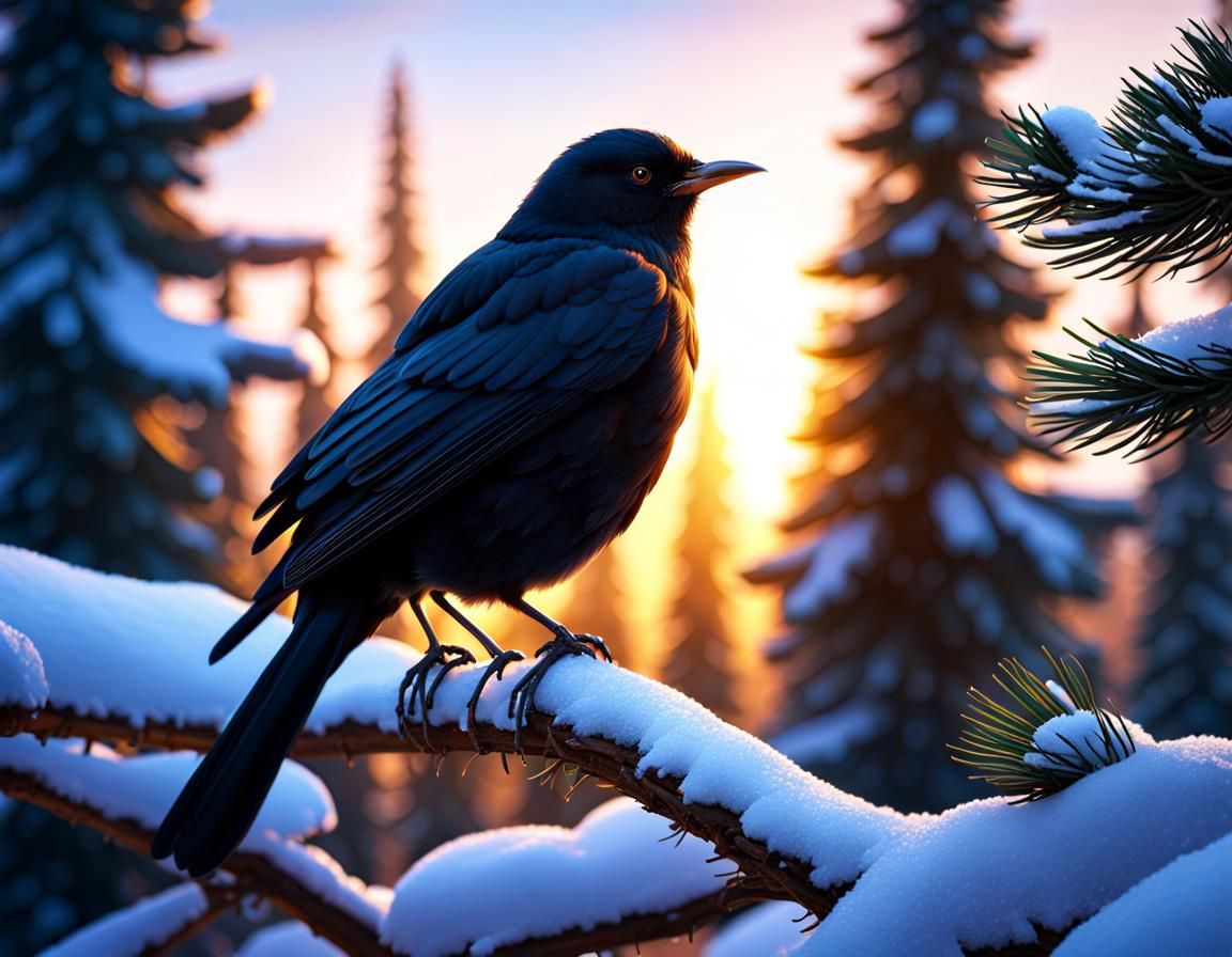 Blackbird on Snowy Branch in Winter Sunset