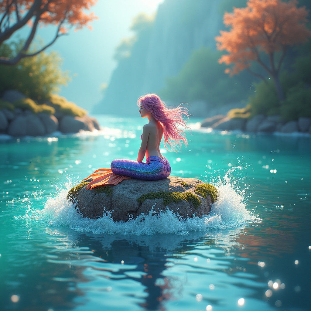 Ethereal 3D Girl with Iridescent Tail by Sea
