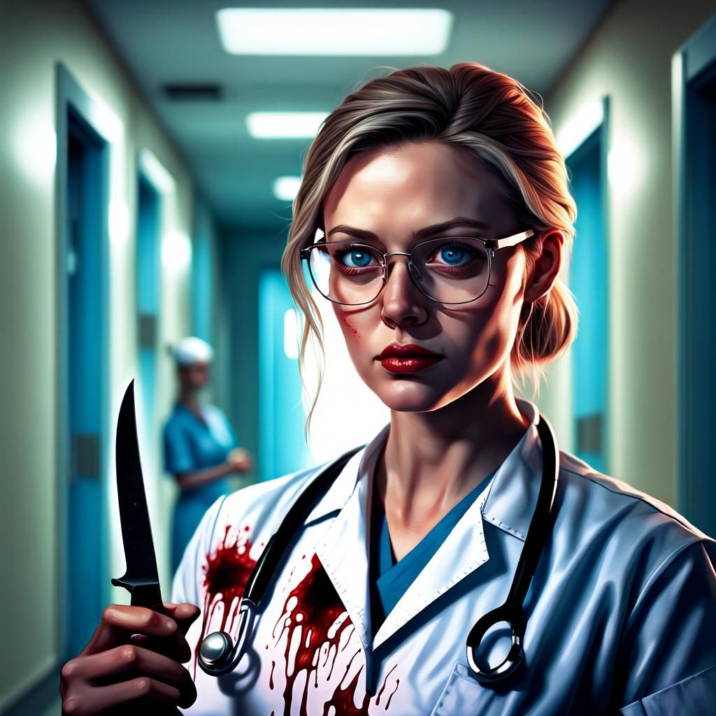 Hyperrealistic Nurse with Knife in Splash Art Style