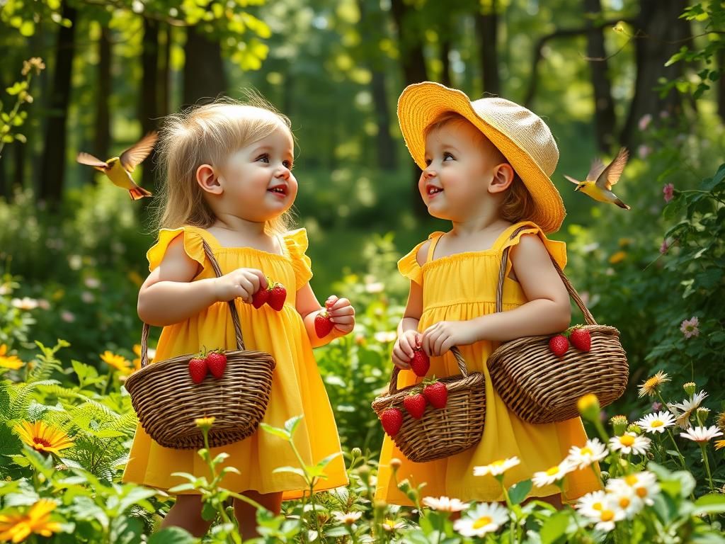 Toddler Siblings Pick Strawberries in Sunlit Forest