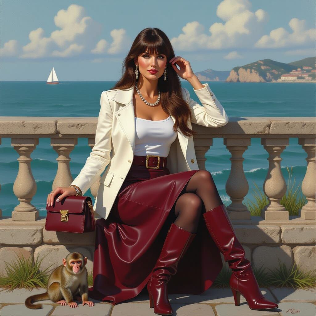 Woman with Monkey by Sea in Photorealistic Style