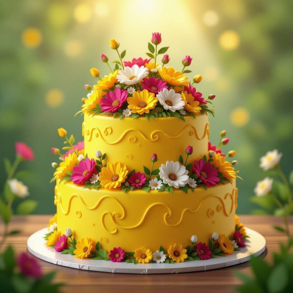 Yellow Birthday Cake with Blooming Garden in Fractal Vector ...