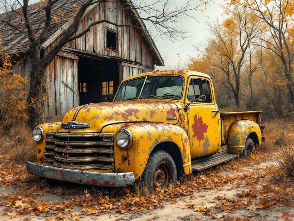 Abandoned Yellow Truck at Decaying Barn in Autumn