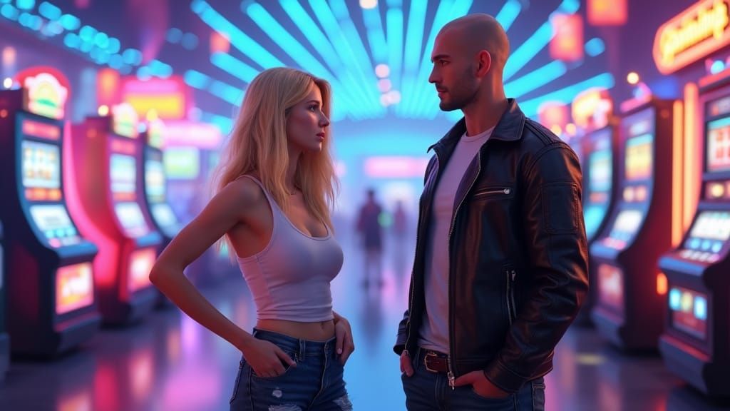 Blonde Beauty Meets Tall Stranger in a Futuristic Casino
