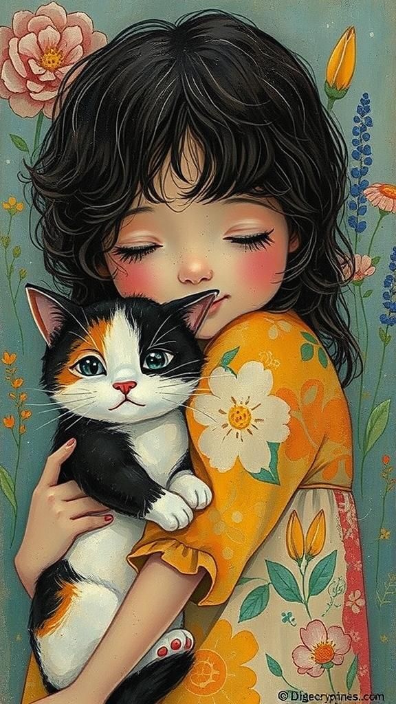 Whimsical young girl with curly hair and a bright smile, wearing a flowing floral dress, tenderly hugging her adorable c...