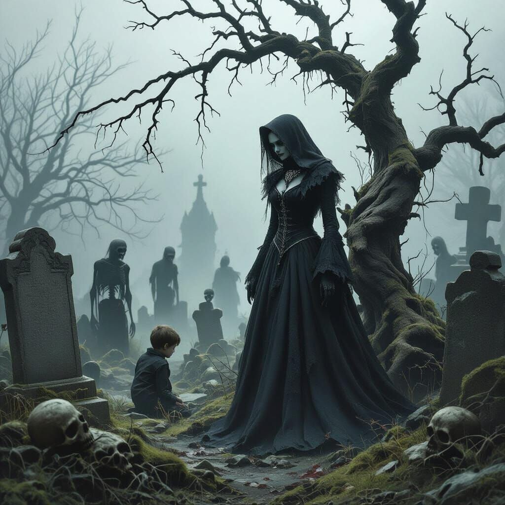 Terrifying Iron-Necked Witch in Gothic Cemetery