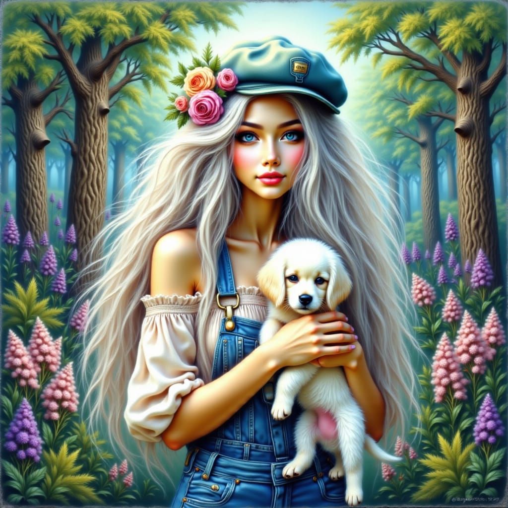Whimsical Woman with Puppy in Misty Forest, Mixed Media Pain...