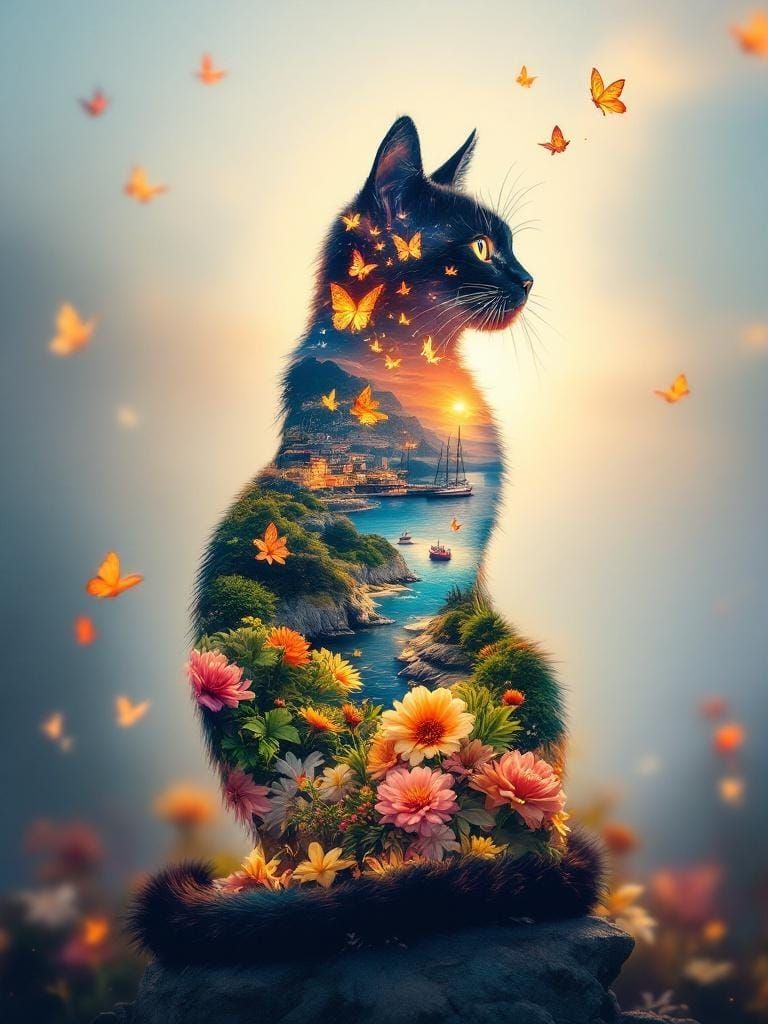 Colorful Cat Silhouette with Landscape Double Exposure