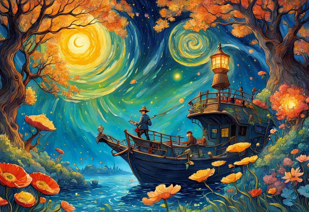 Whimsical Sci-Fi Fantasy Landscape in Van Gogh and Studio Gh...