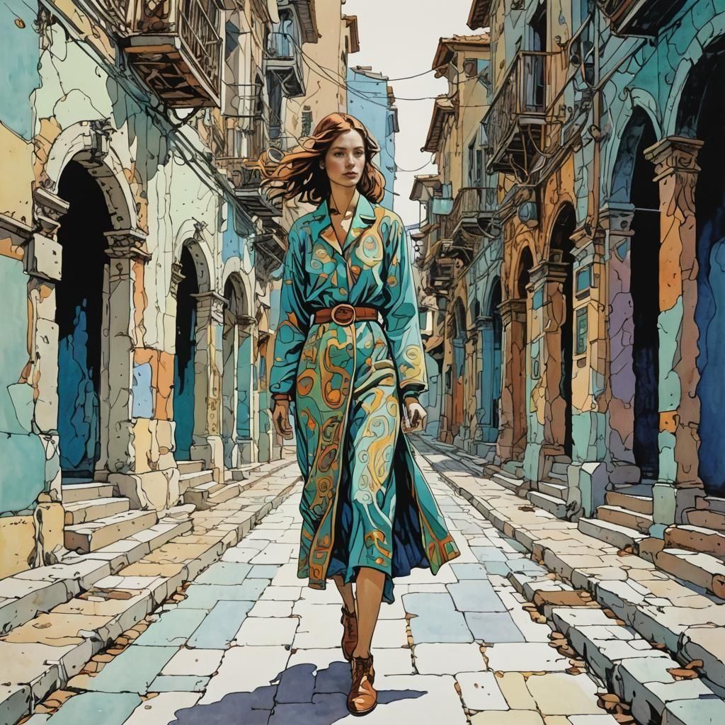 Beautiful Woman in Moebius-Inspired Gouache