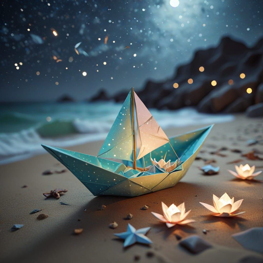 Paper Boat on Sandy Beach Under Starry Night