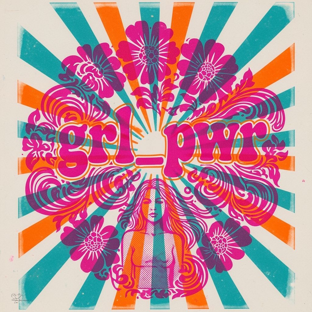Psychedelic Poster: "Grl Pwr" with Floral and Sunburst