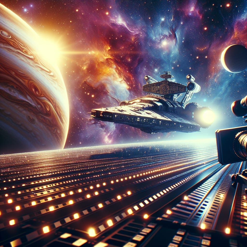 Vintage Spaceship Soars Against Jupiter's Cosmic Backdrop