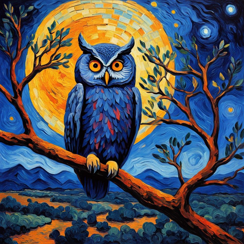 Surreal Fauvist Oil Painting of Owl Under Glowing Full Moon