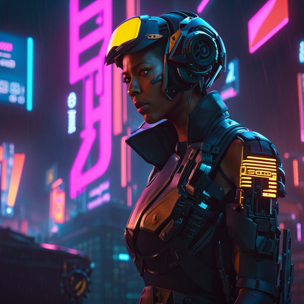 Cyberpunk Soldier in Neon Cityscape