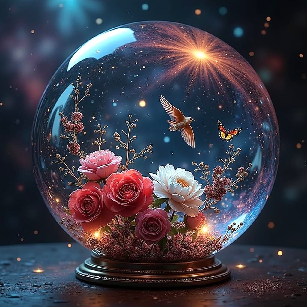 Floral Sphere Floating in Colorful Cosmos