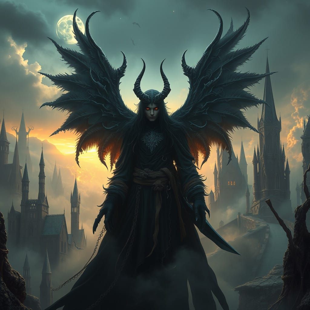 Dark Angel Azazel Reigns Over a Haunting, Gothic Landscape