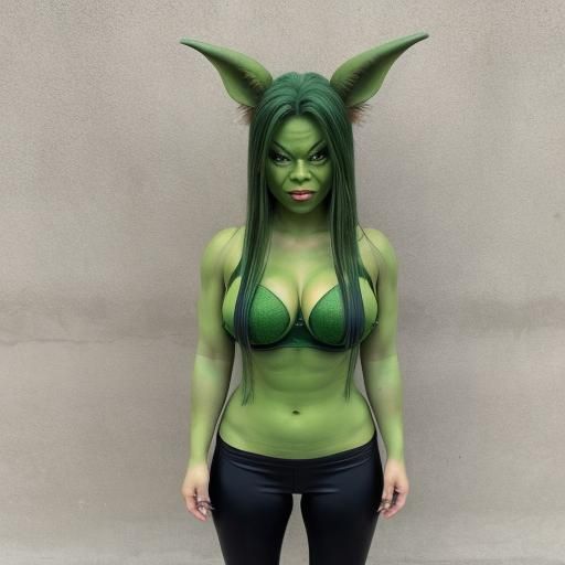 Cute Green Goblin with Bare Breasts