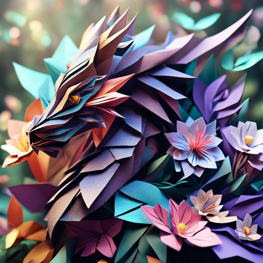 Origami Creatures and Flowers in Art Nouveau Style