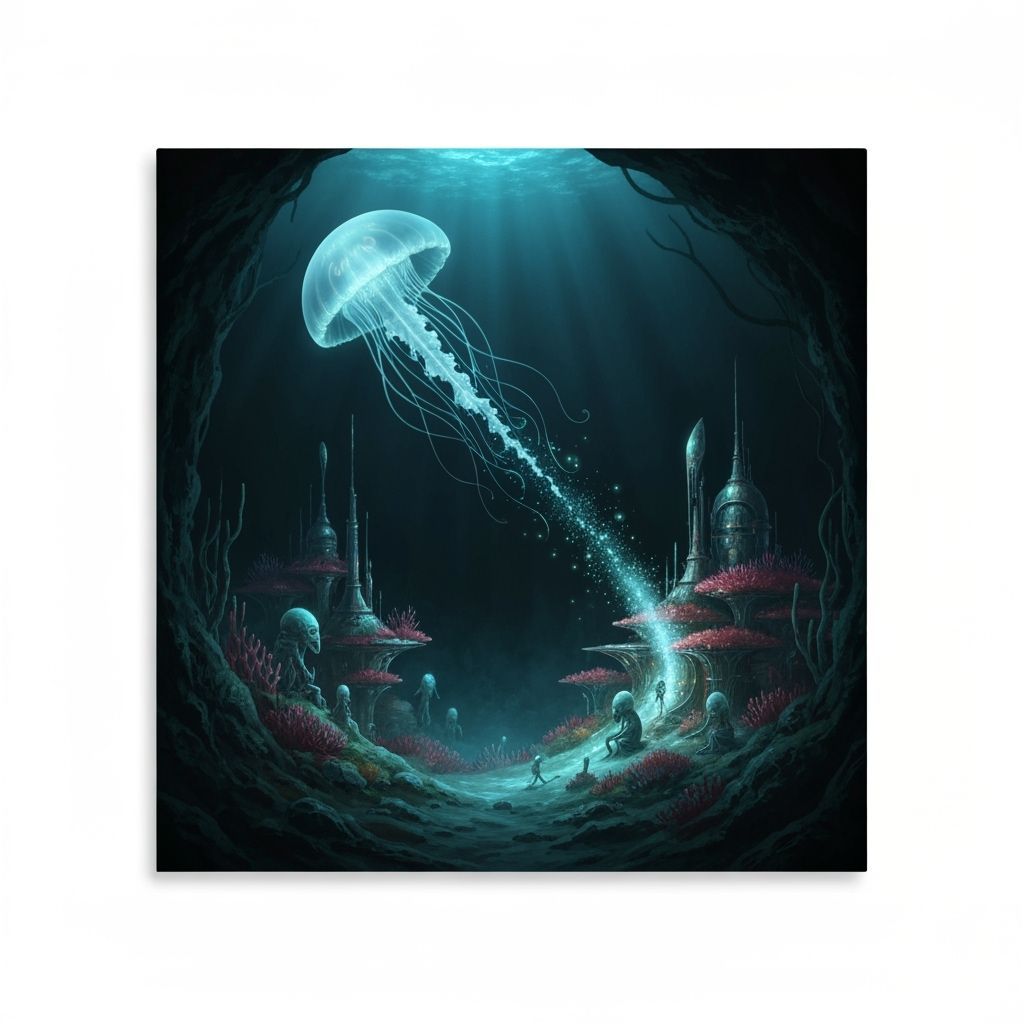 Bioluminescent Jellyfish Drifting Through Deep-Sea City
