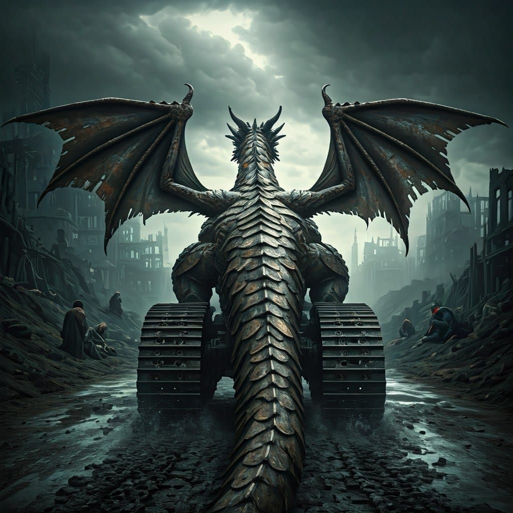 Metal Dragon in Dystopian Landscape: Photorealistic Image