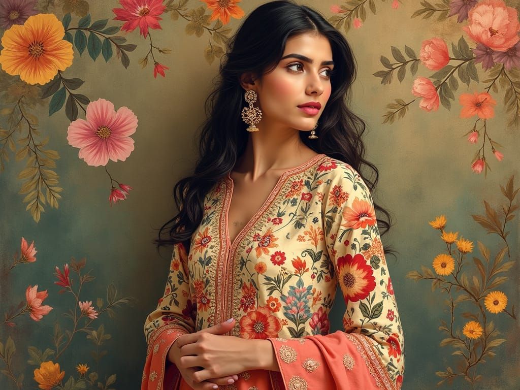 Woman in Floral Kurti: Bollywood-Inspired Digital Art