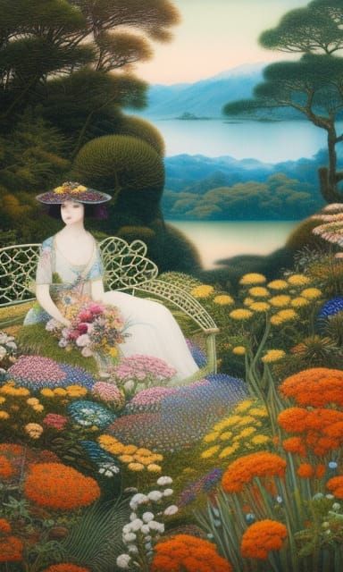 Woman in Floral Chair: Warped Perspective, Detailed Render