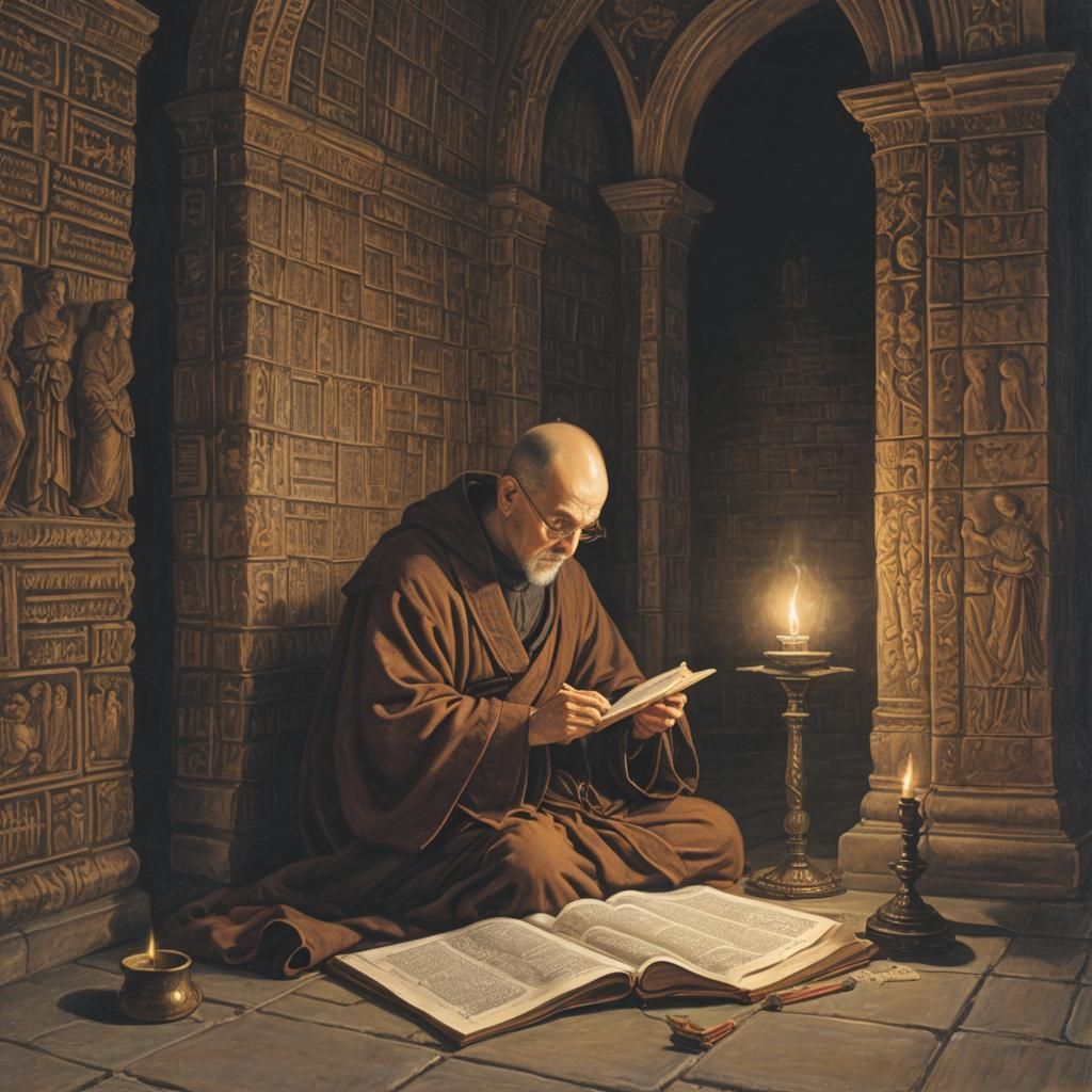 atmospheric rendering of a scholarly monk meticulously transcribing ancient texts in a candlelit monastery, the shadows ...