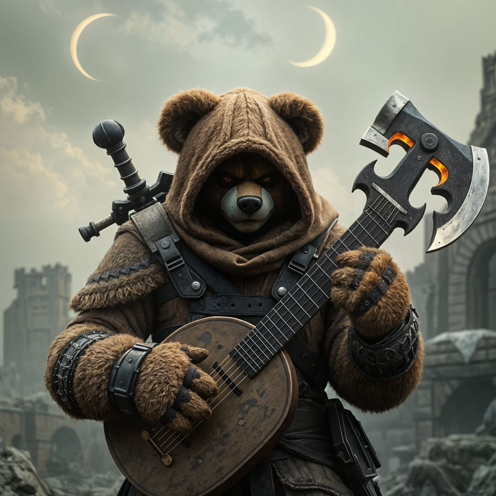 Cyberpunk Balladeer: Teddy Bear Armor in Ruined City