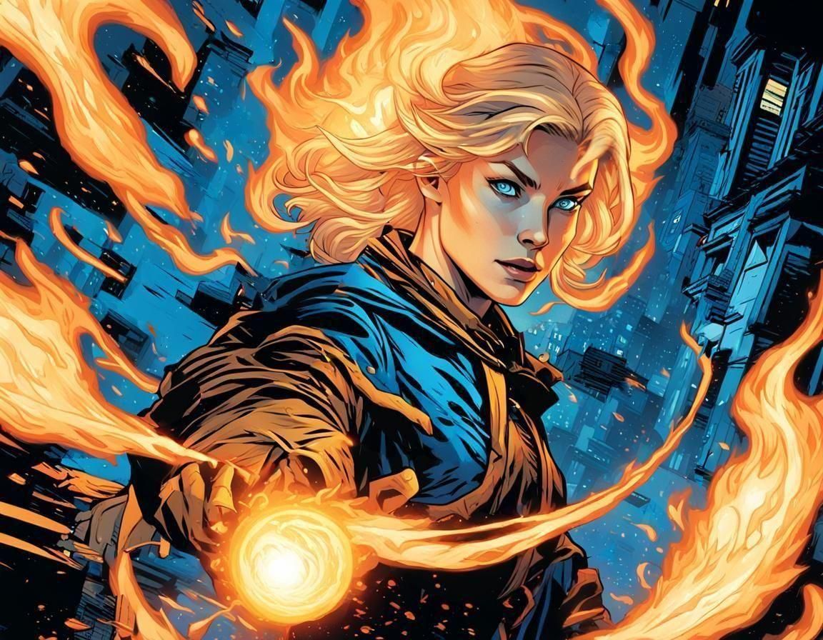 Woman Firebending with Blue Flames in Comic Style