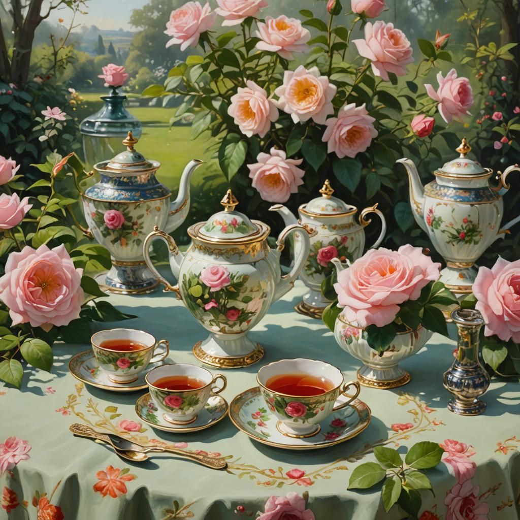 Miniature Tea Set in Lush Rose Garden