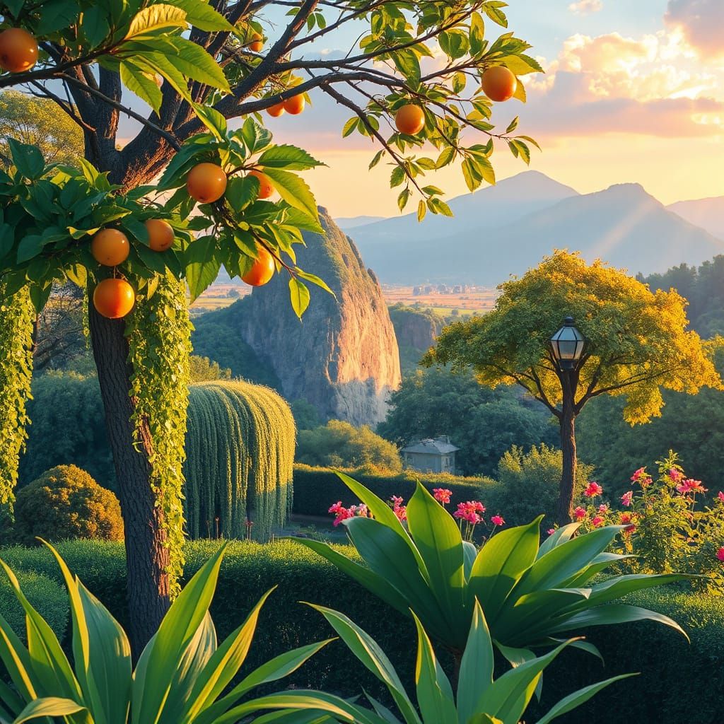 Quick shutter speed Garden of Eden summer rain vista golden hour illustration hyperrealistic HQ award winning optimised ...