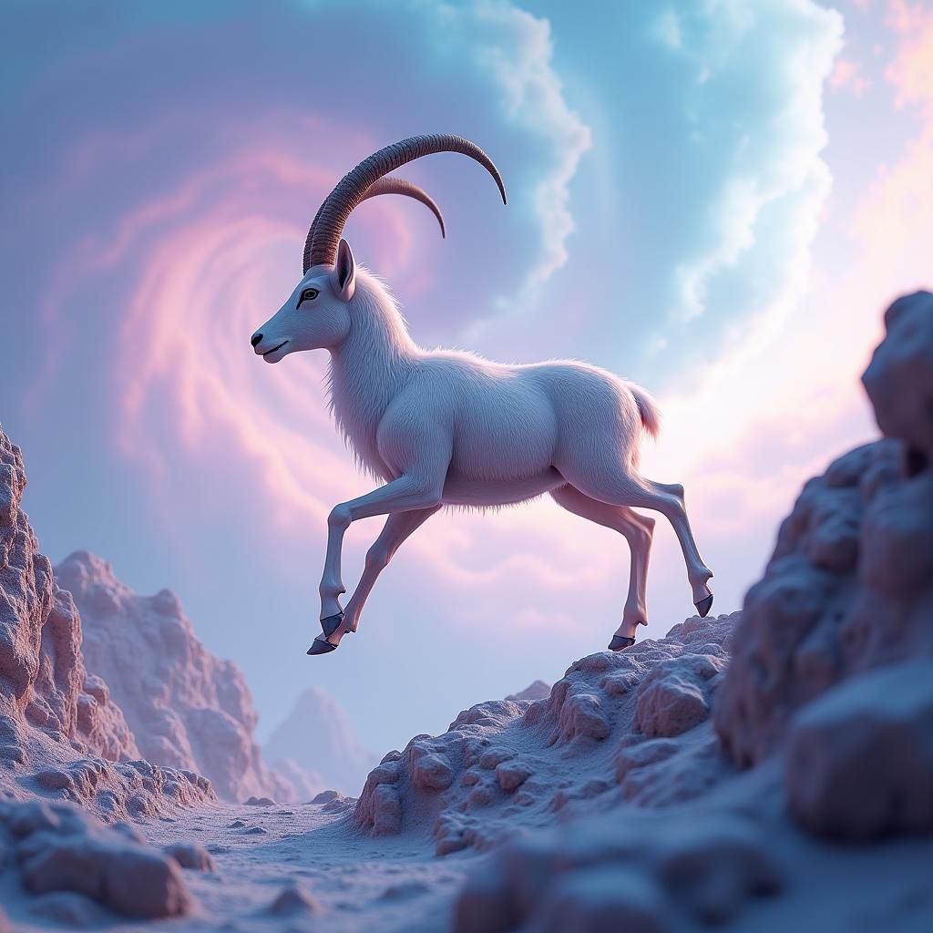 Bharal Leaps Across Pastel Mountains in Dreamlike Landscape