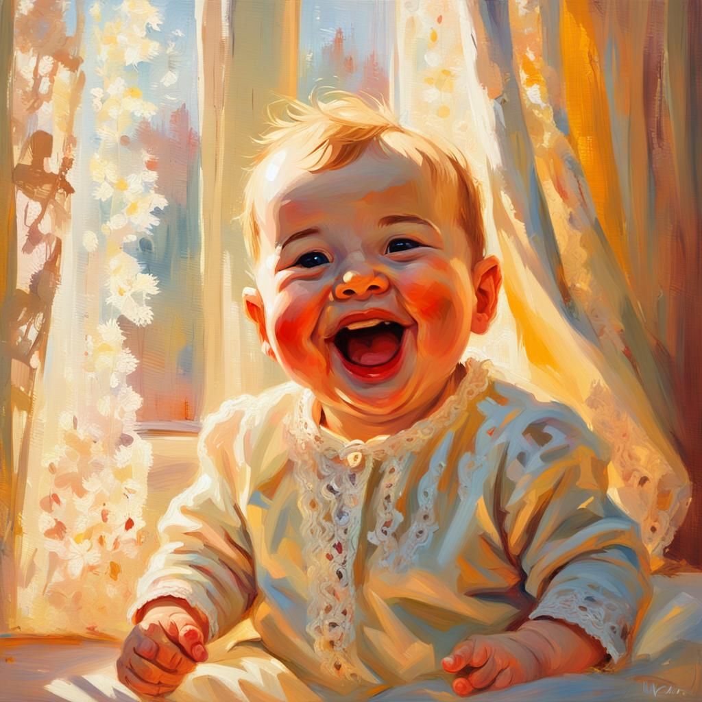 Joyful Baby Laughing: An Impressionist Oil Painting