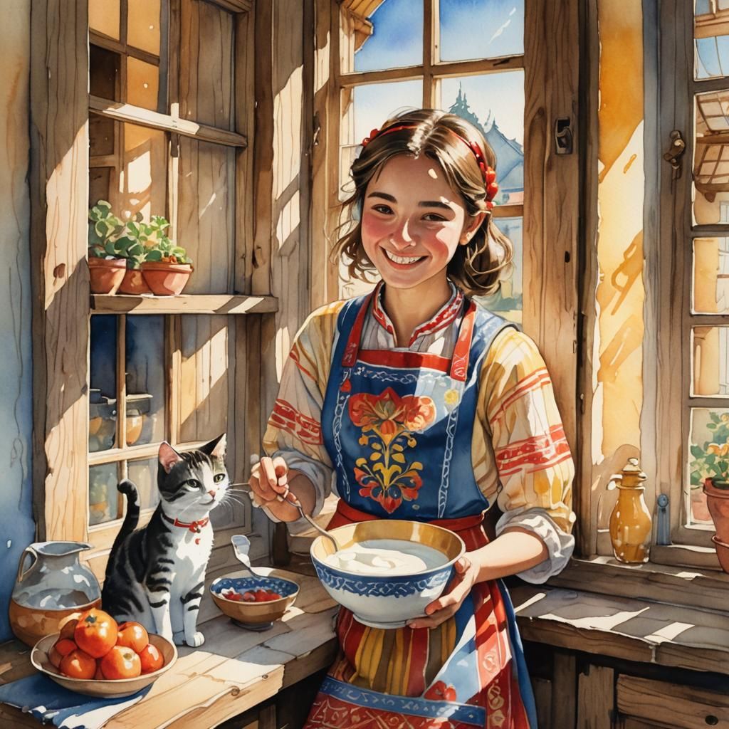 Whimsical Folklore Girl Eating Yogurt in Sunlight