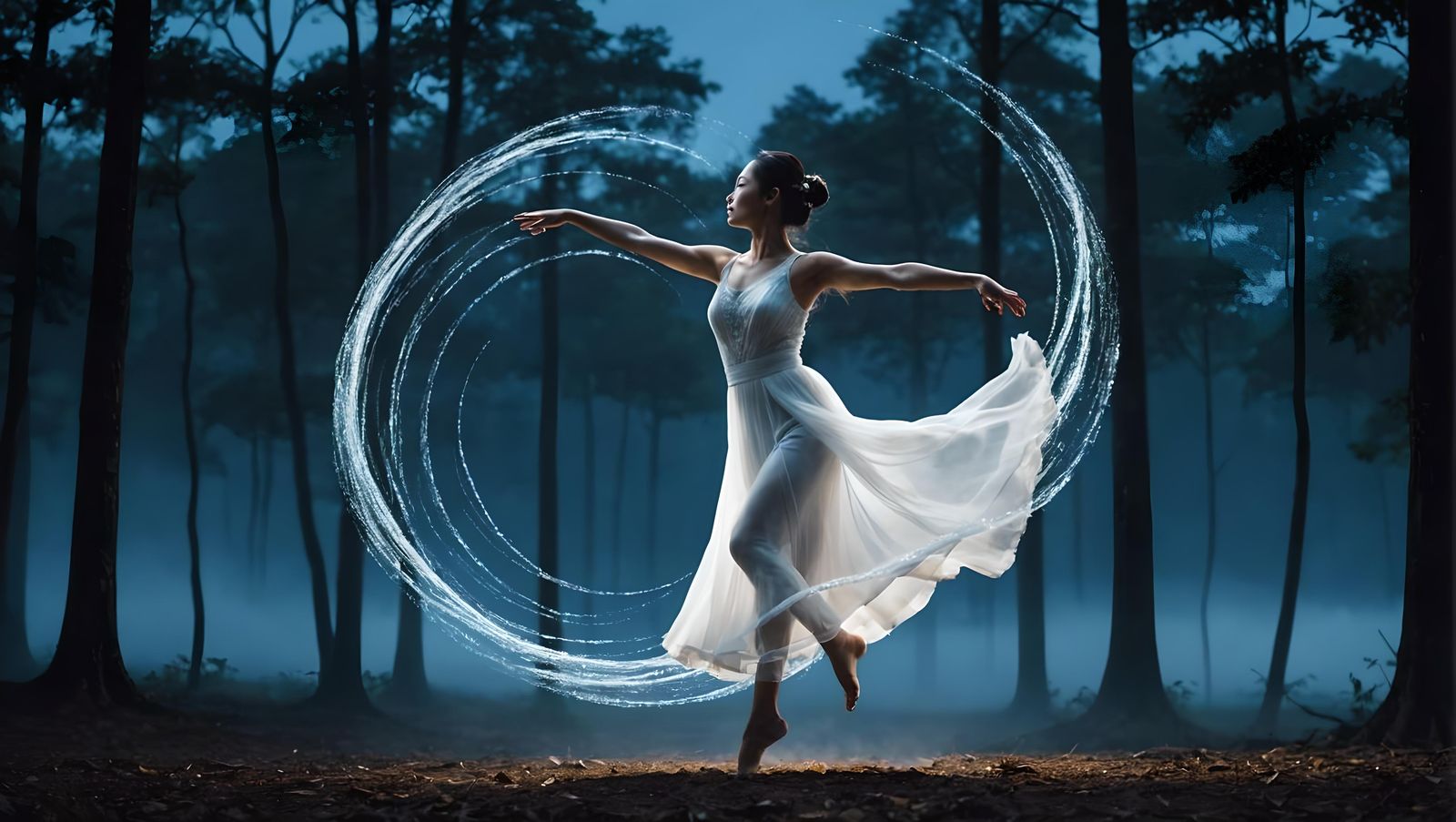 Whirling Thai Dancer in Mystical Forest: Double Exposure