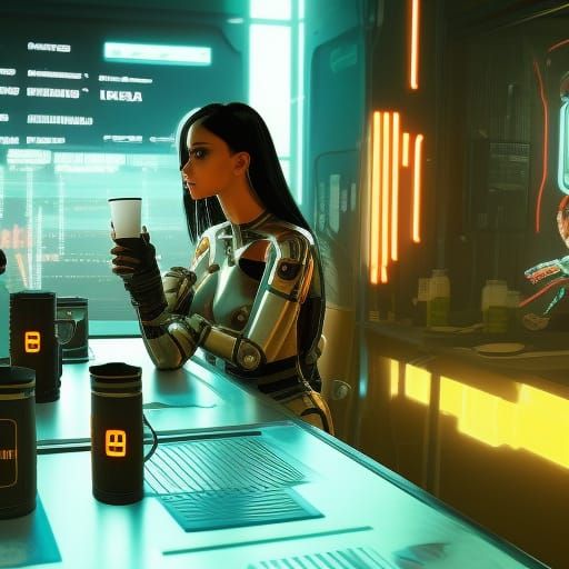 Cyberpunk Robots Enjoying Oil in Neon Setting