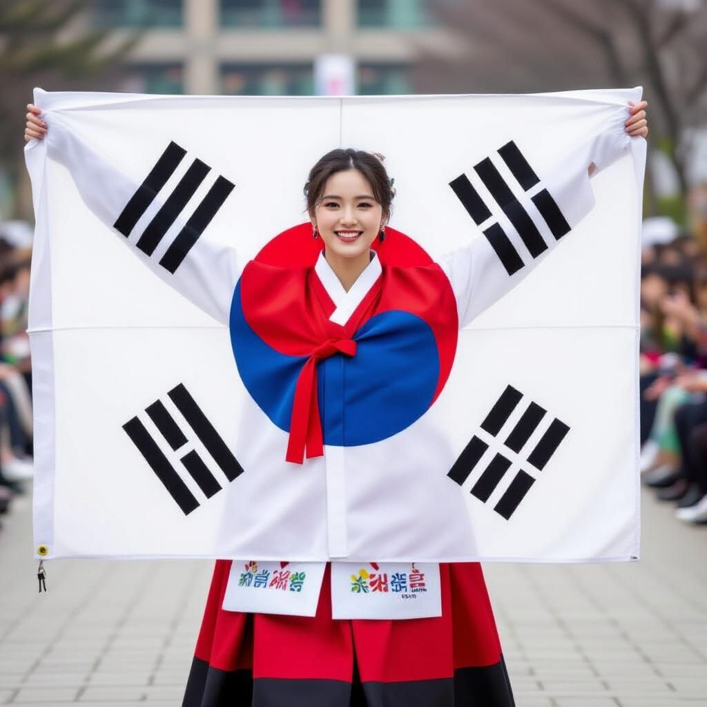Woman in Hanbok With South Korean Flag