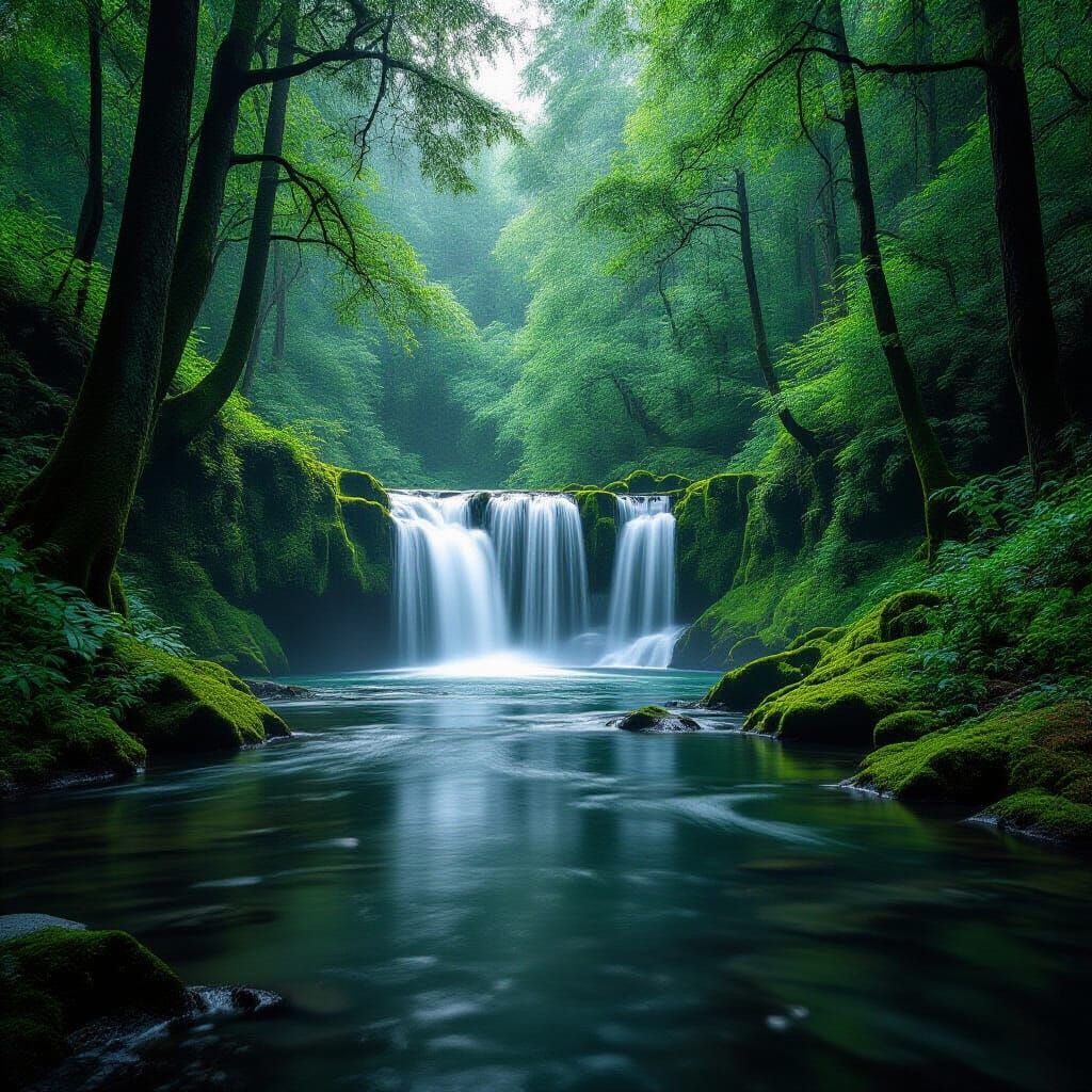 Vibrant Waterfall in Serene Forest: Professional Photography