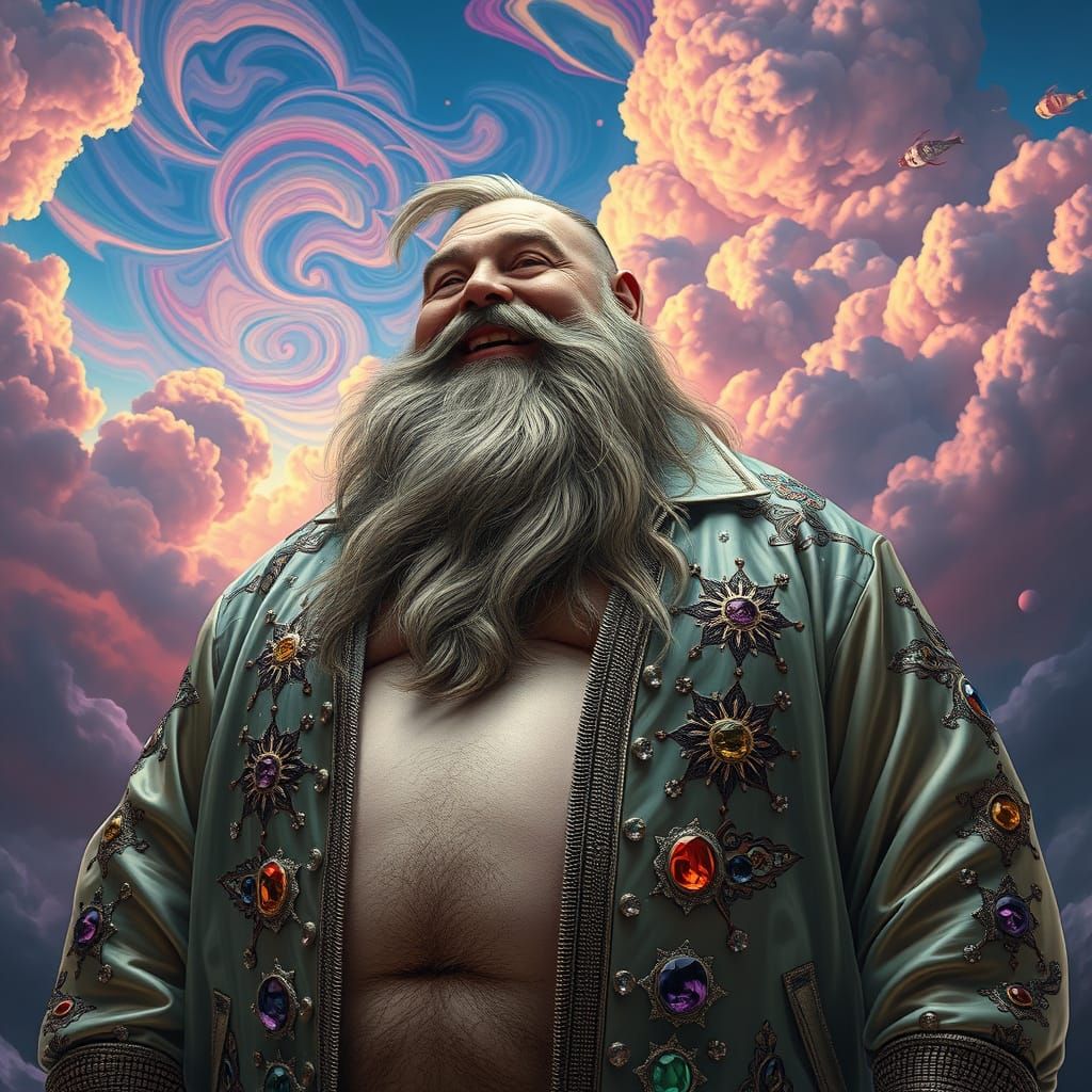 Psychedelic Gem-Encrusted Man in a Futuristic Sky