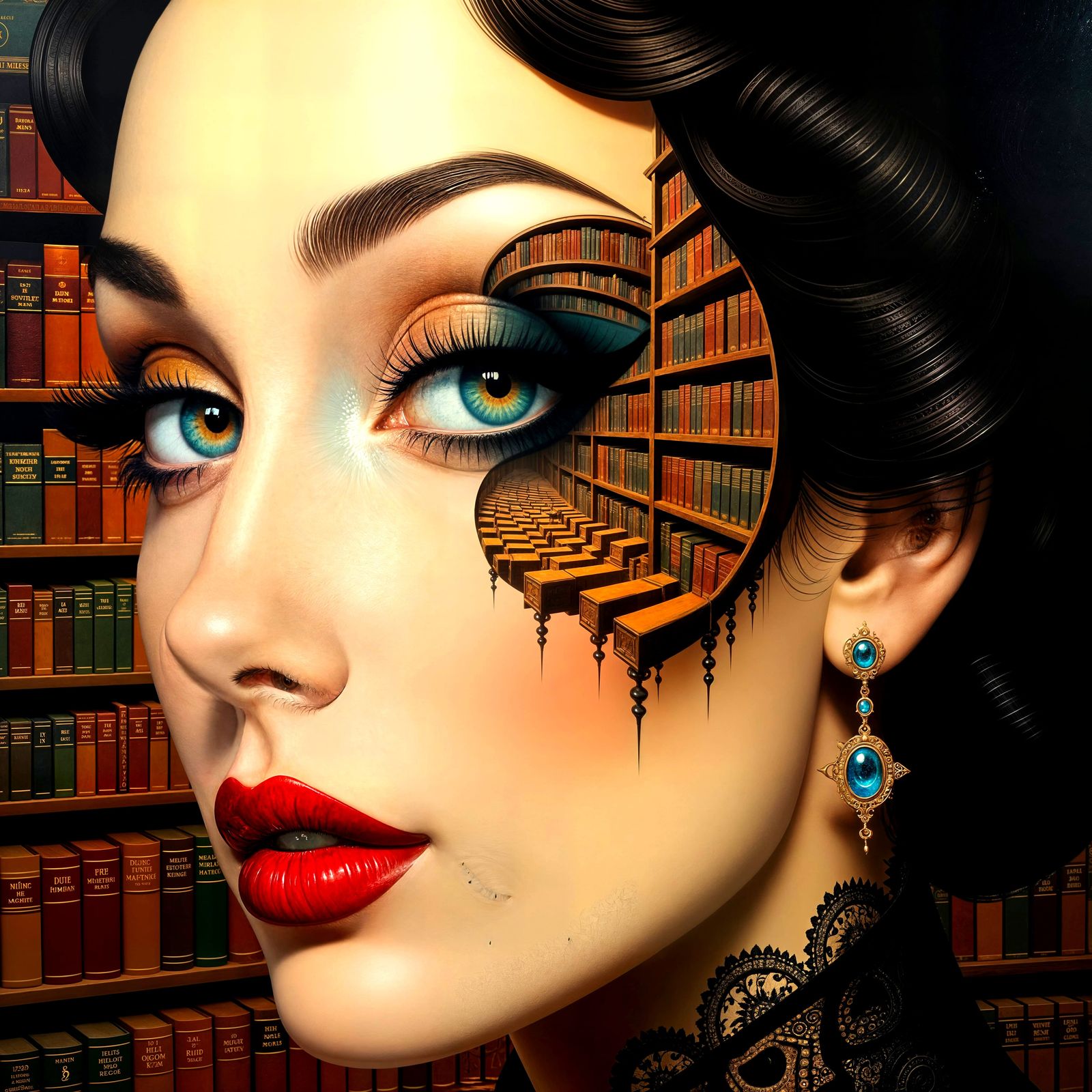 Eye Reflecting Infinite Library in Surreal Style