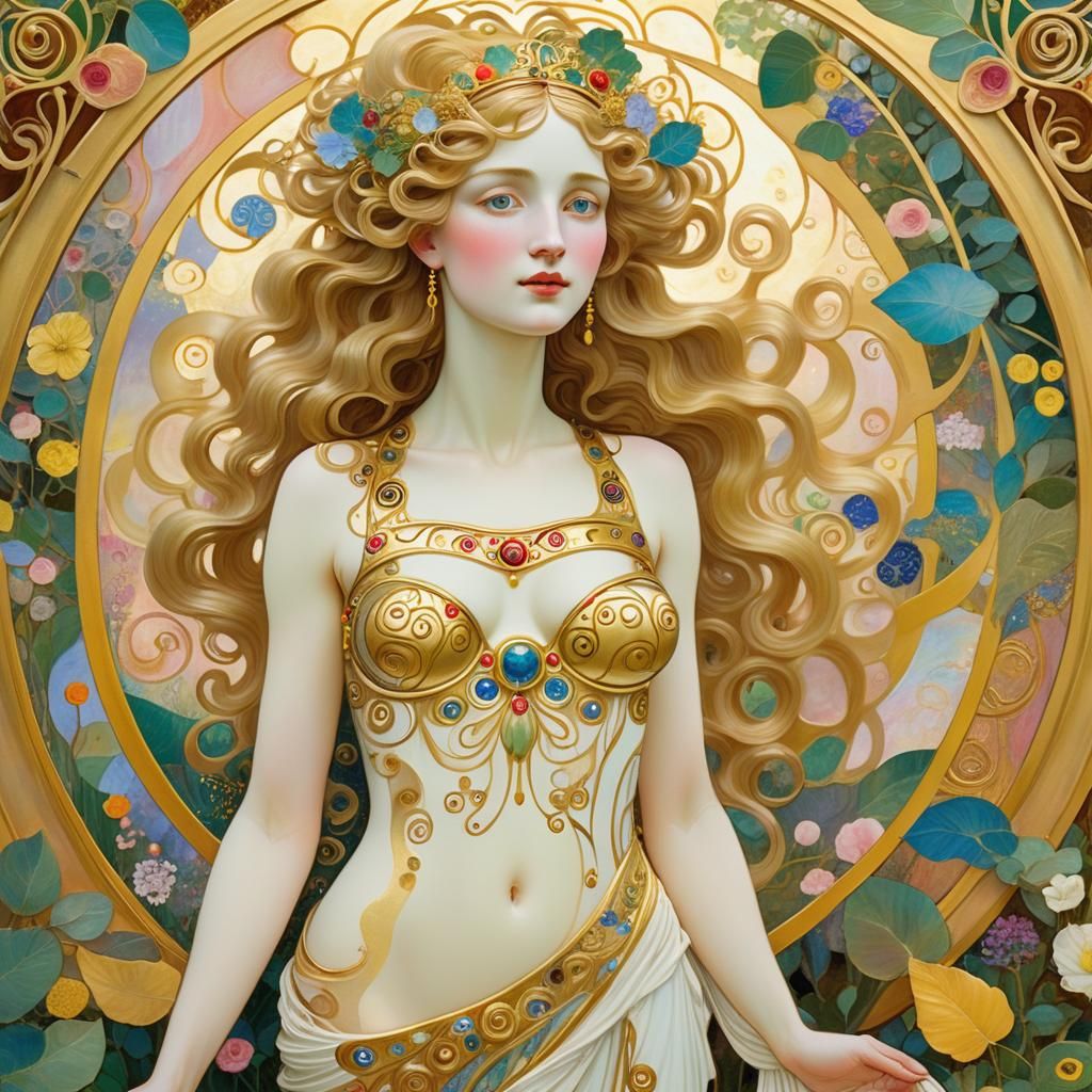 Goddess Venus in Garden, Art Nouveau Style