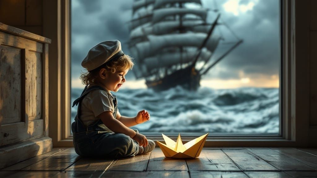 Whimsical Childhood Wonder in a Stormy Seaside Scene