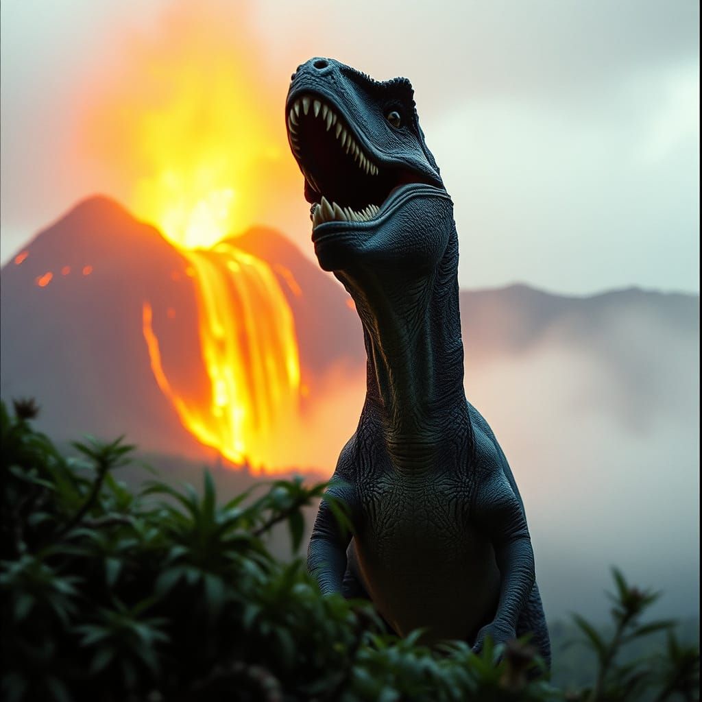 Hyperrealistic Dinosaur Confronts Volcanic Apocalypse