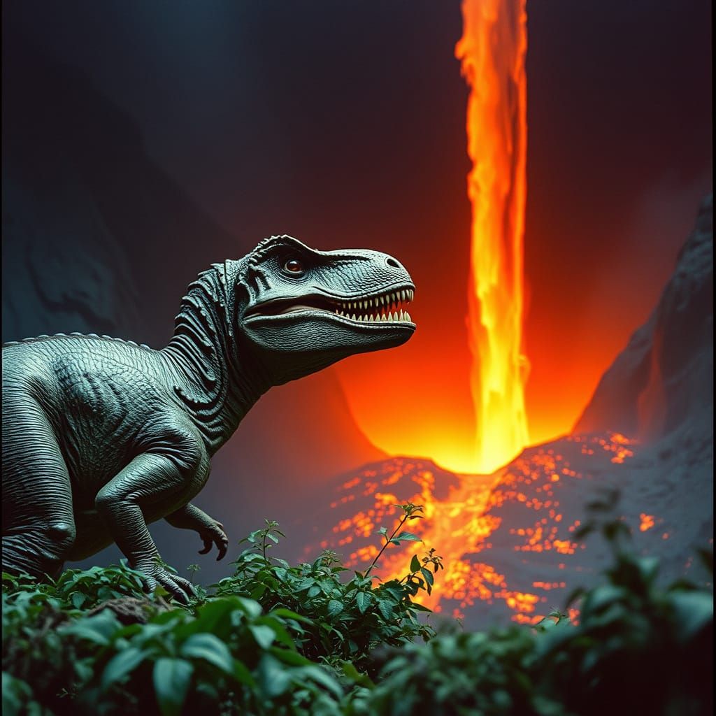 Roaring Dinosaur Witnessing Volcanic Eruption